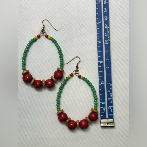 Handmade Wooden Beaded Hoops in Red, Gold, & Green - Picture 4 of 5